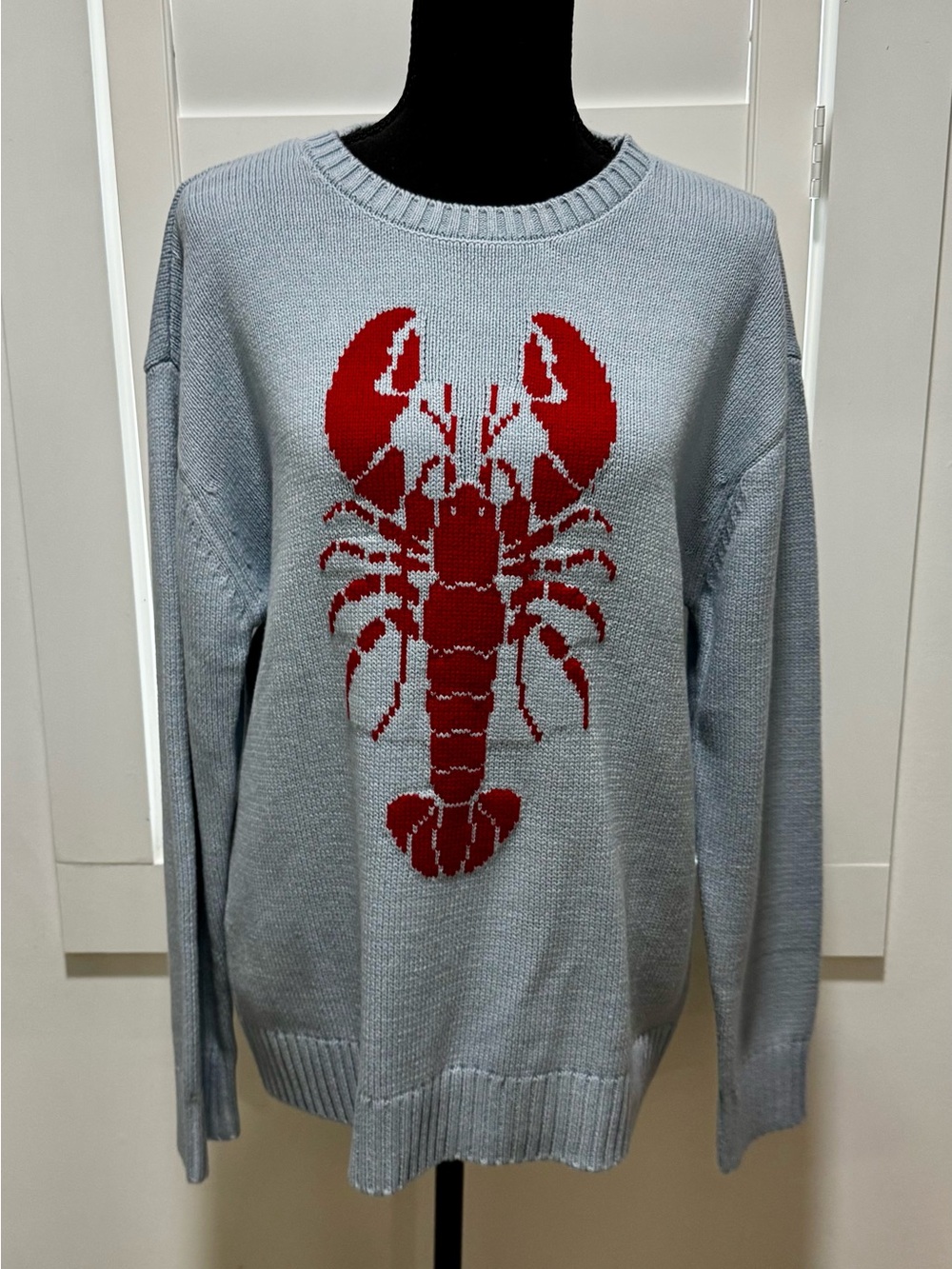 Mighty Fine Light Blue Crewneck Sweater with Red Lobster Graphic